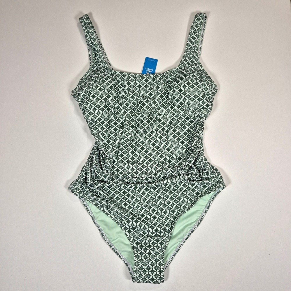 Cupshe Green White Floral Geometric One Piece Swimsuit Ruching Cutout New Large